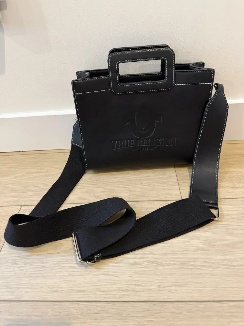 True Religion Womens Black Small Logo Pattern Faux Leather Handle Bag
